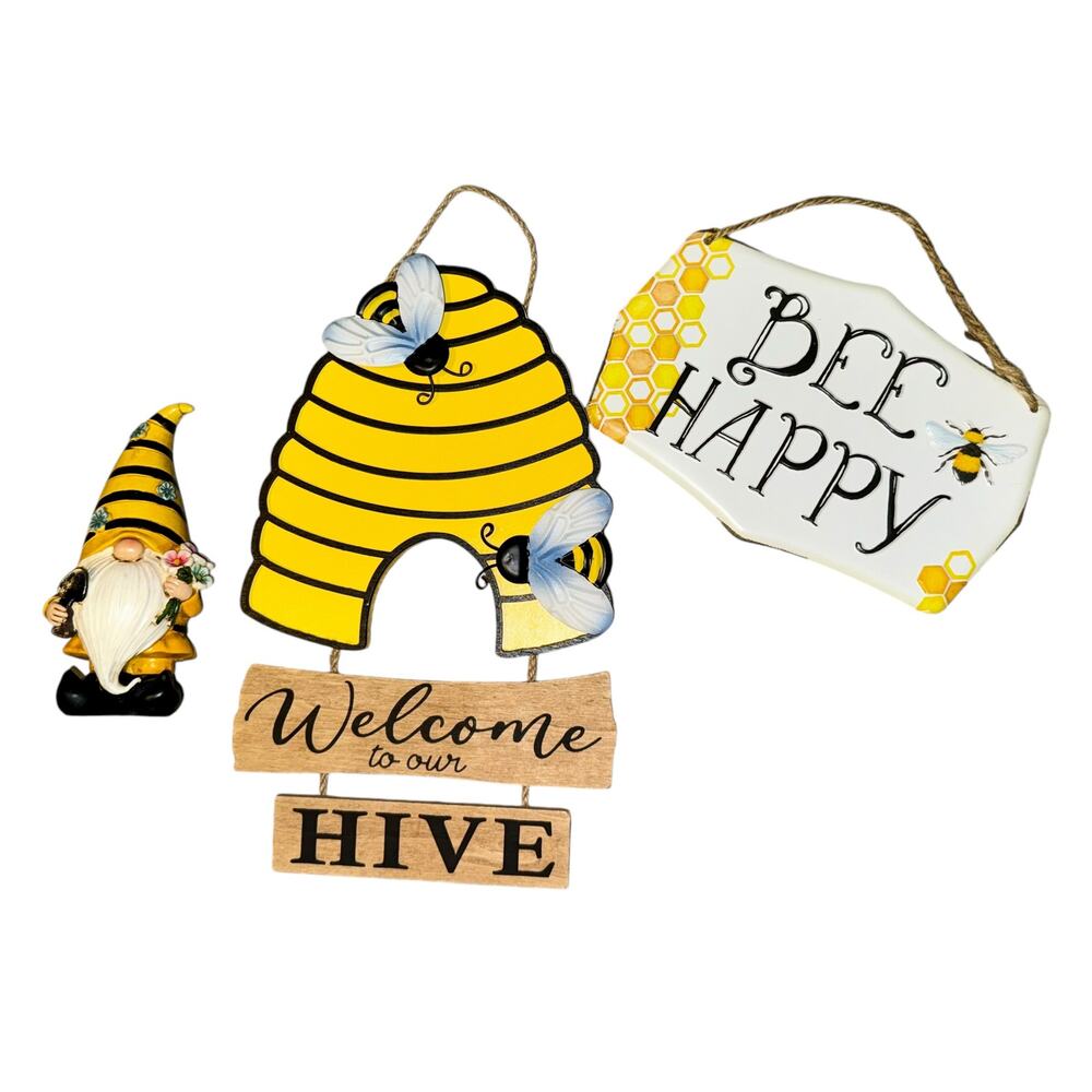 Bee Decor 3 Piece Bundle‎ Signs Gnome Hive Black Yellow Kitchen Gift Welcome